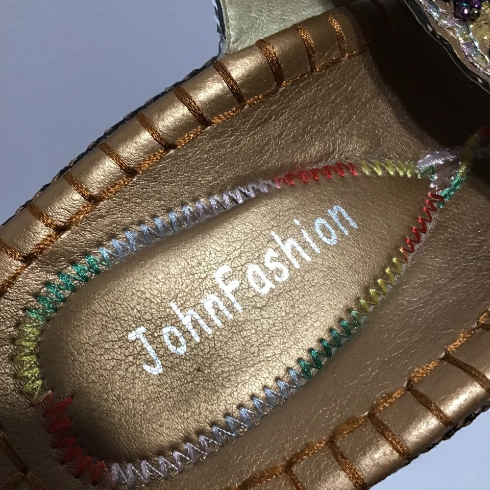 John Fashion Bronze Beaded Wedge Sandal Boho T-Strap Flip Flop Multi Color Beads - Picture 8 of 9